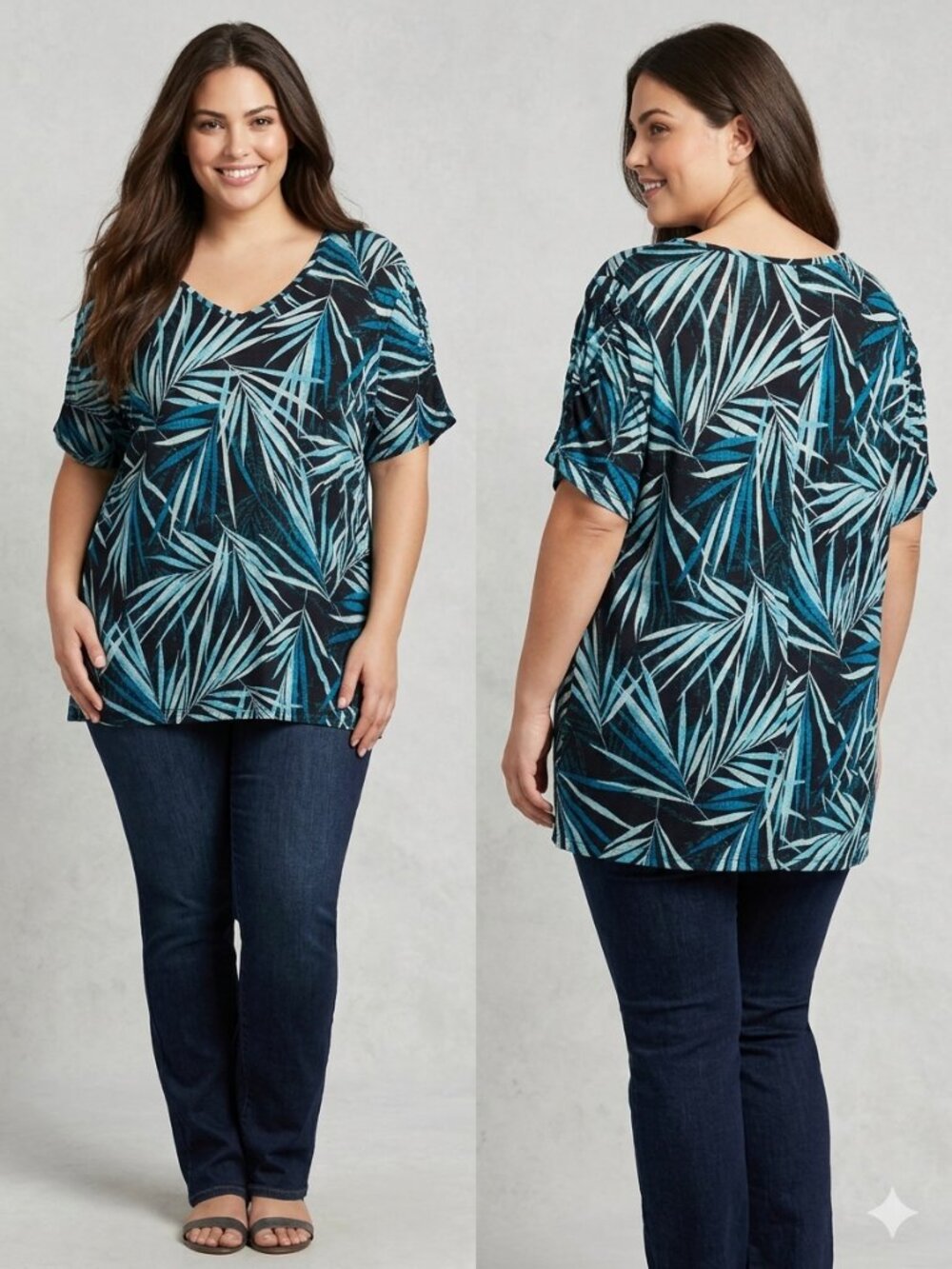 Kim Rogers Curvy Women’s 3X Top Tropical Palm Leaf Print ruched Short Sleeve